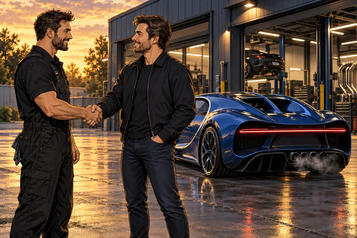 Комикс: рукопожатие при выдаче автомобиля, на фоне Bugatti с лёгким паром из выхлопа