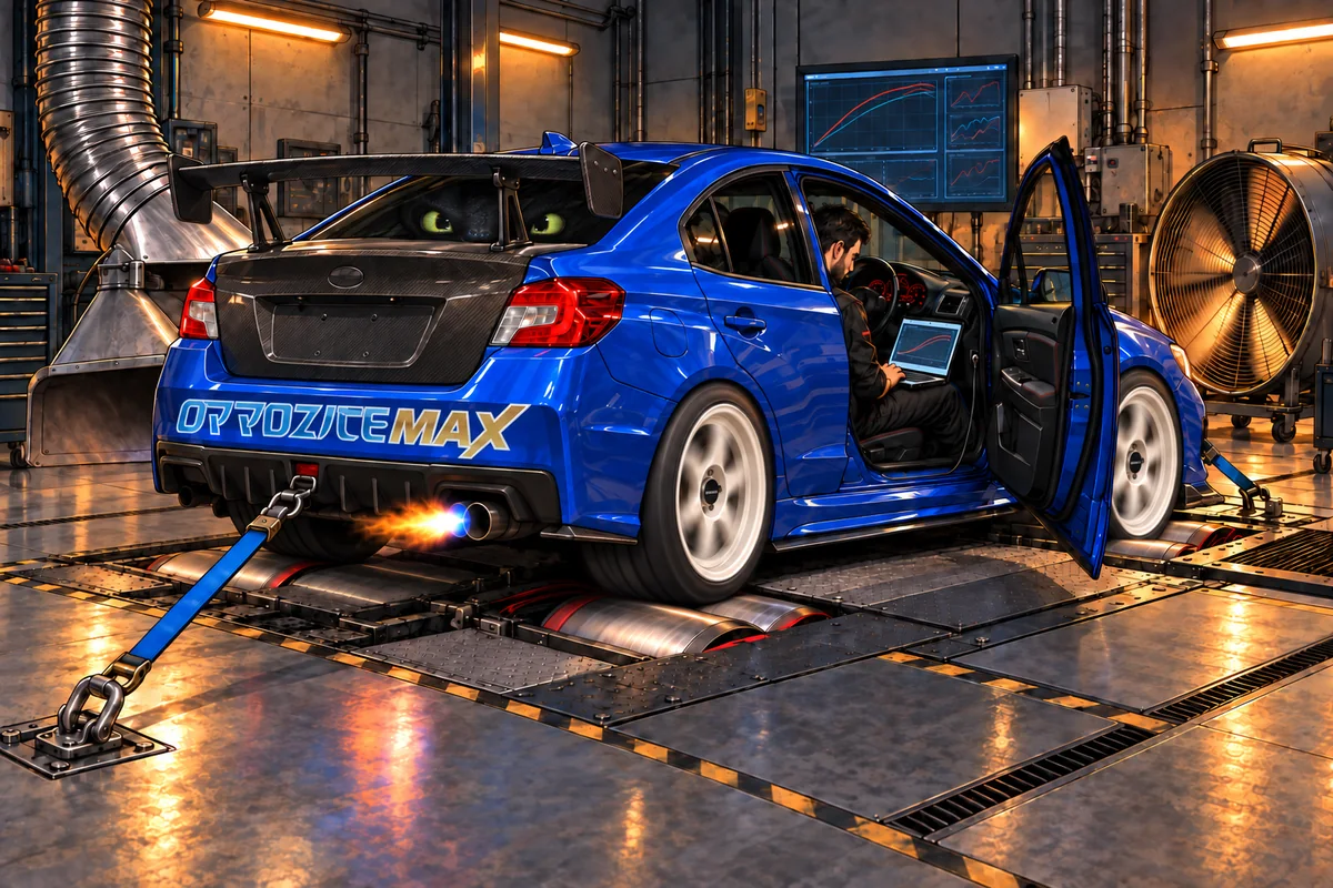 Комиксная сцена настройки синего WRX STI VA на диностенде